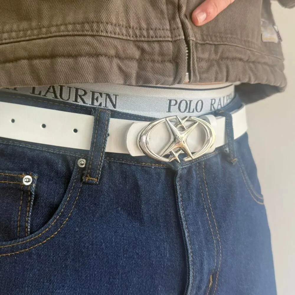 2000s White Silver Star Belt Adjustable Fits 26-34 Unisex Y2K Streetwear